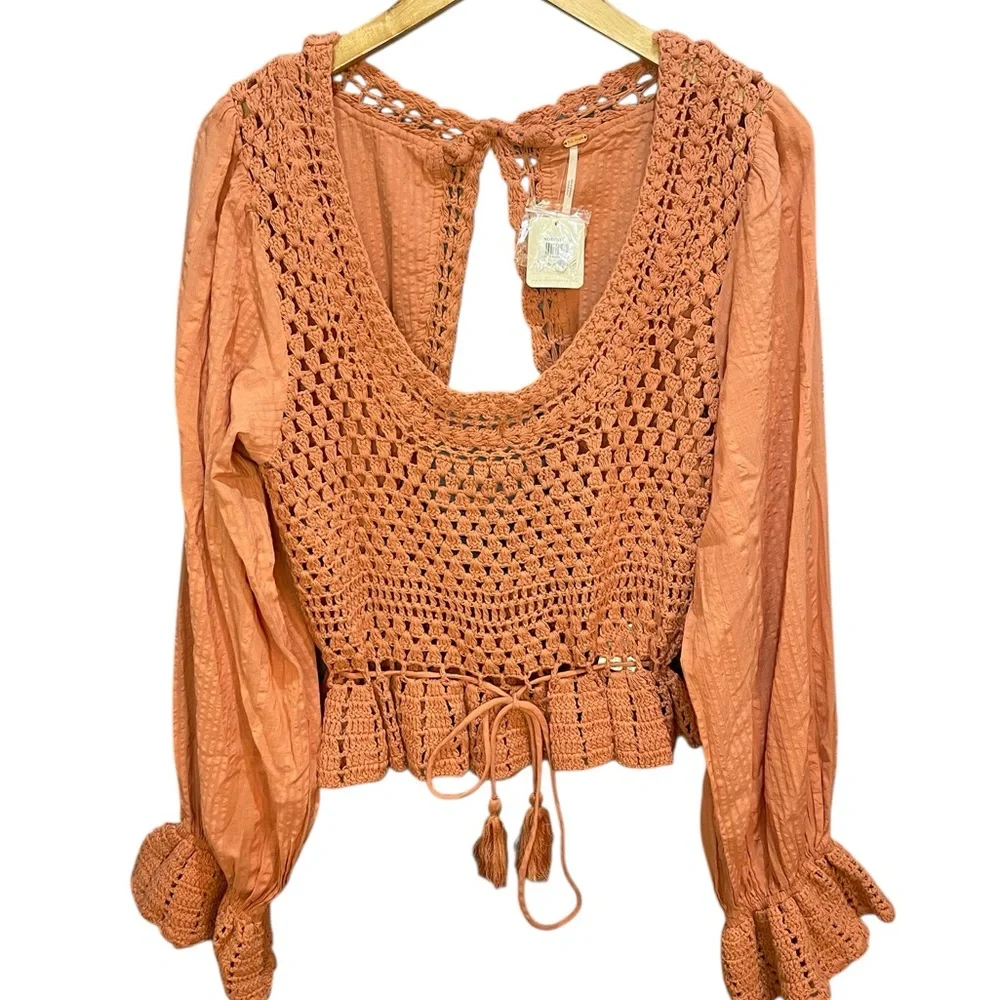 Free People Megan Crochet Top in Coral Sand